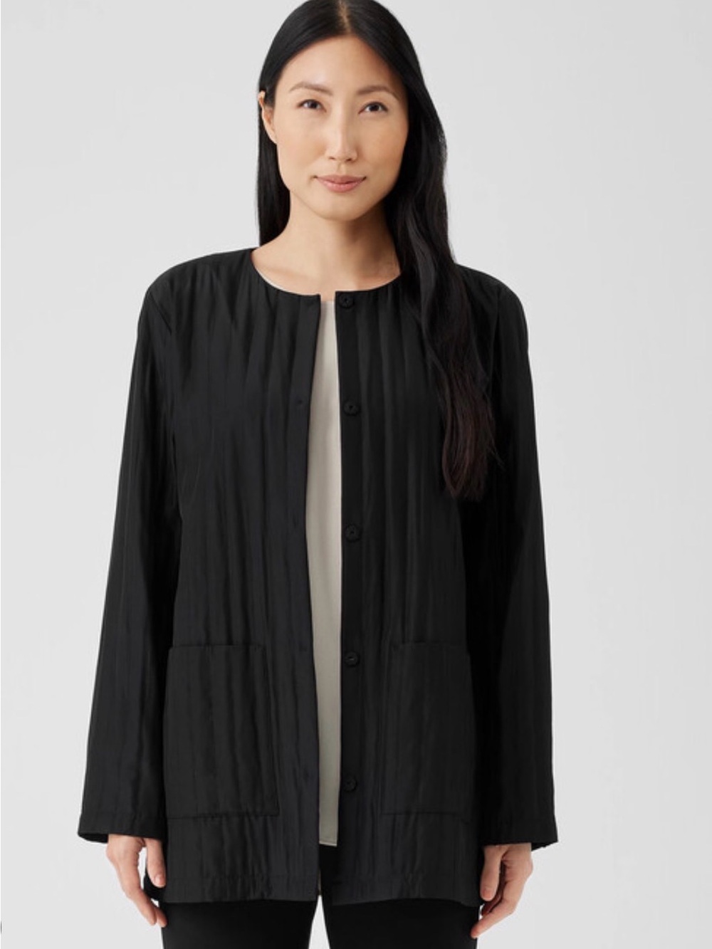 Eileen Fisher Silk Habutai quilted round neck suit jacket blazer black NEW NWT S